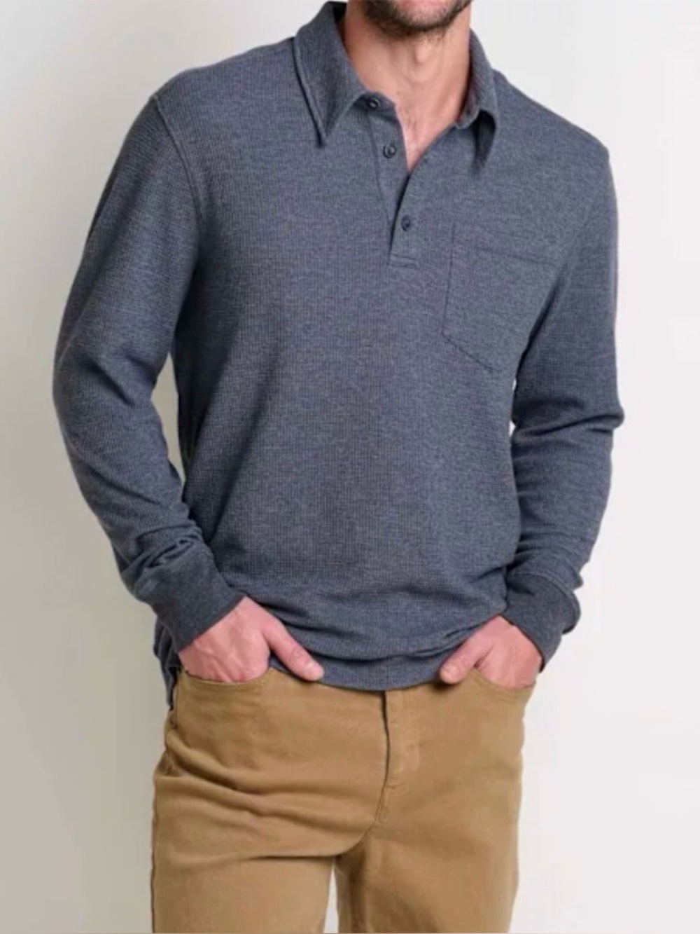 Toad & Co Men's Gray Framer Long Sleeve Polo Shirt Organic Cotton Gorpcore Work